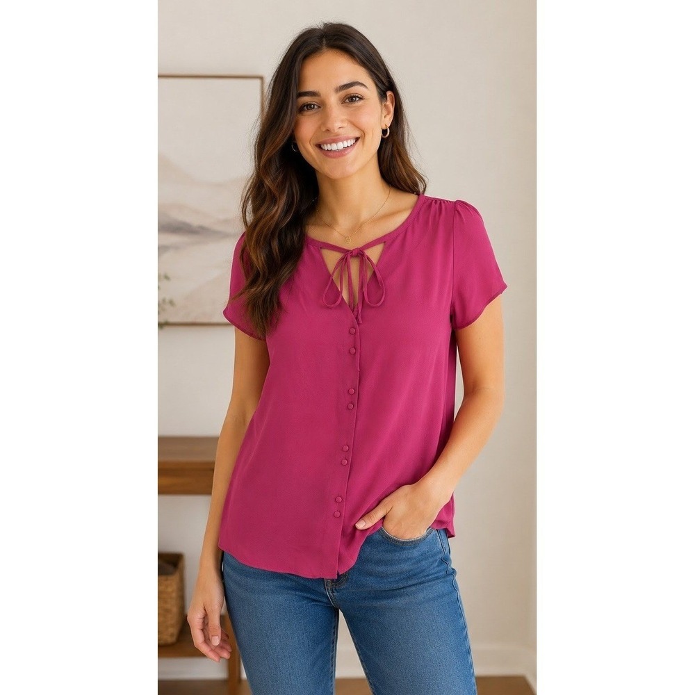 Worthington Magenta Pink Tie‎ Neck Button Front Flutter Sleeve Blouse L Coquette